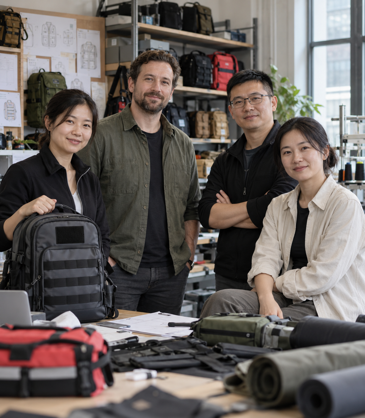 Sunrise product development team in a working sample room surrounded by bag prototypes and materials