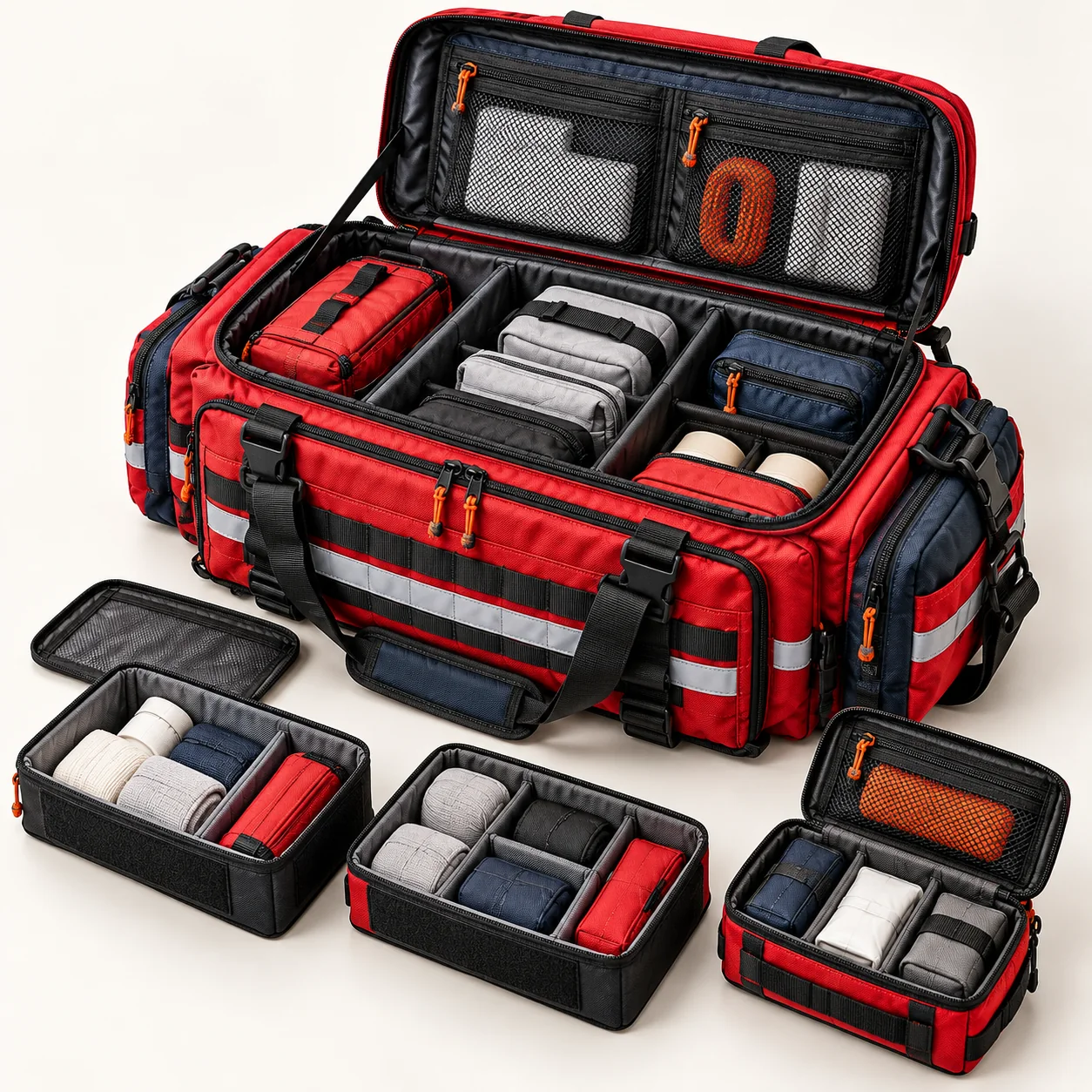 Open emergency bag showing organized internal modules and access points