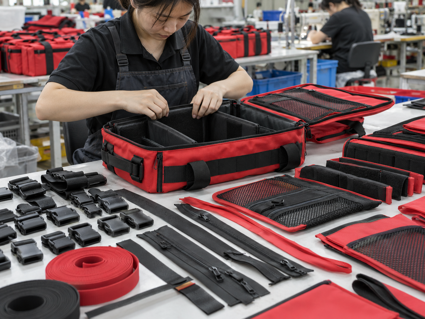 Assembly stage in a professional nylon bag manufacturing workflow