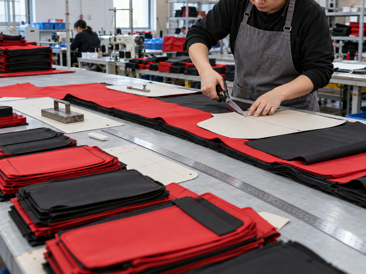 Cutting stage in a professional nylon bag manufacturing workflow