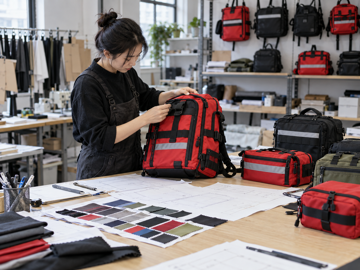 Sample room stage in a professional nylon bag manufacturing workflow