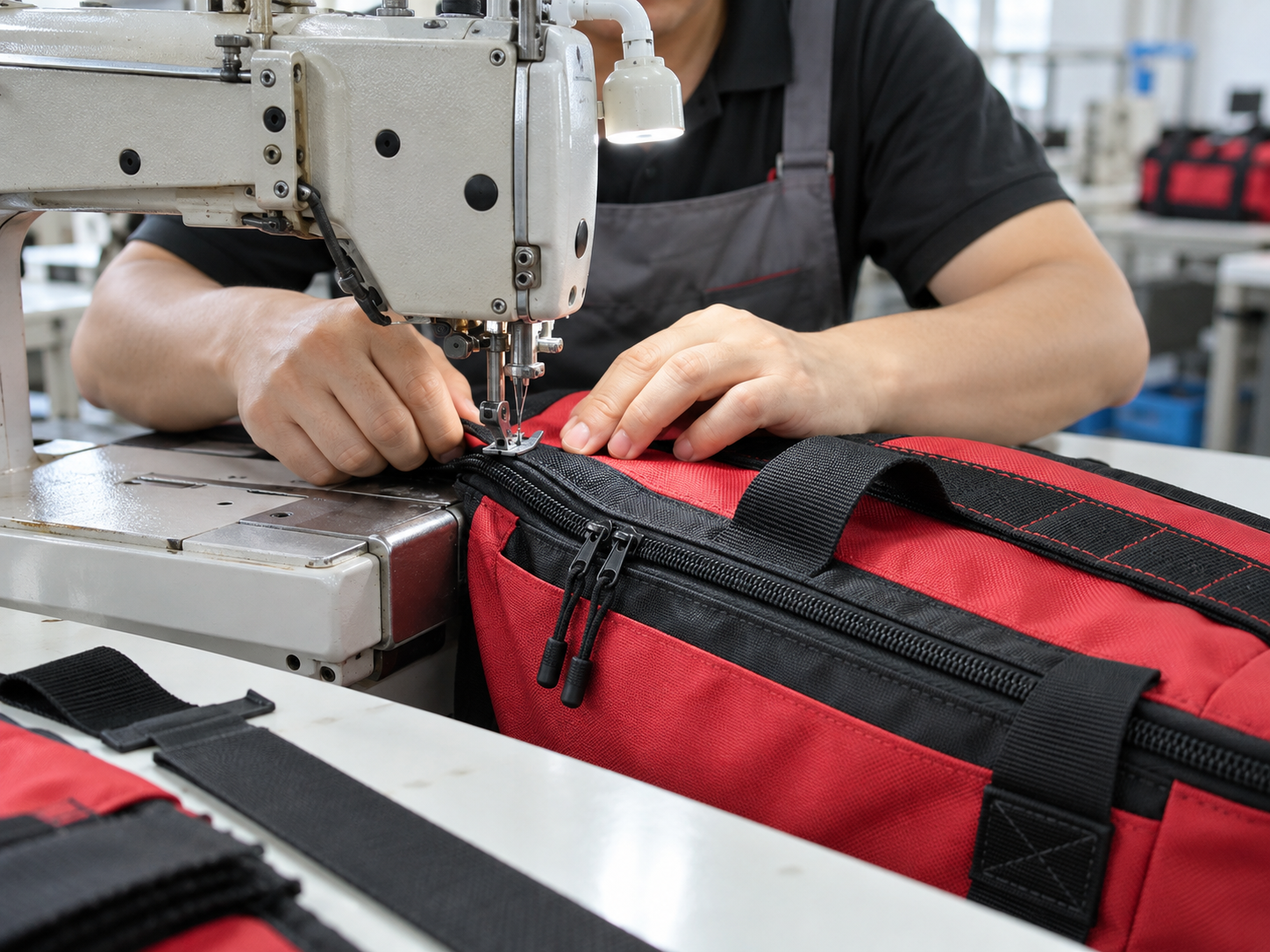 Sewing stage in a professional nylon bag manufacturing workflow