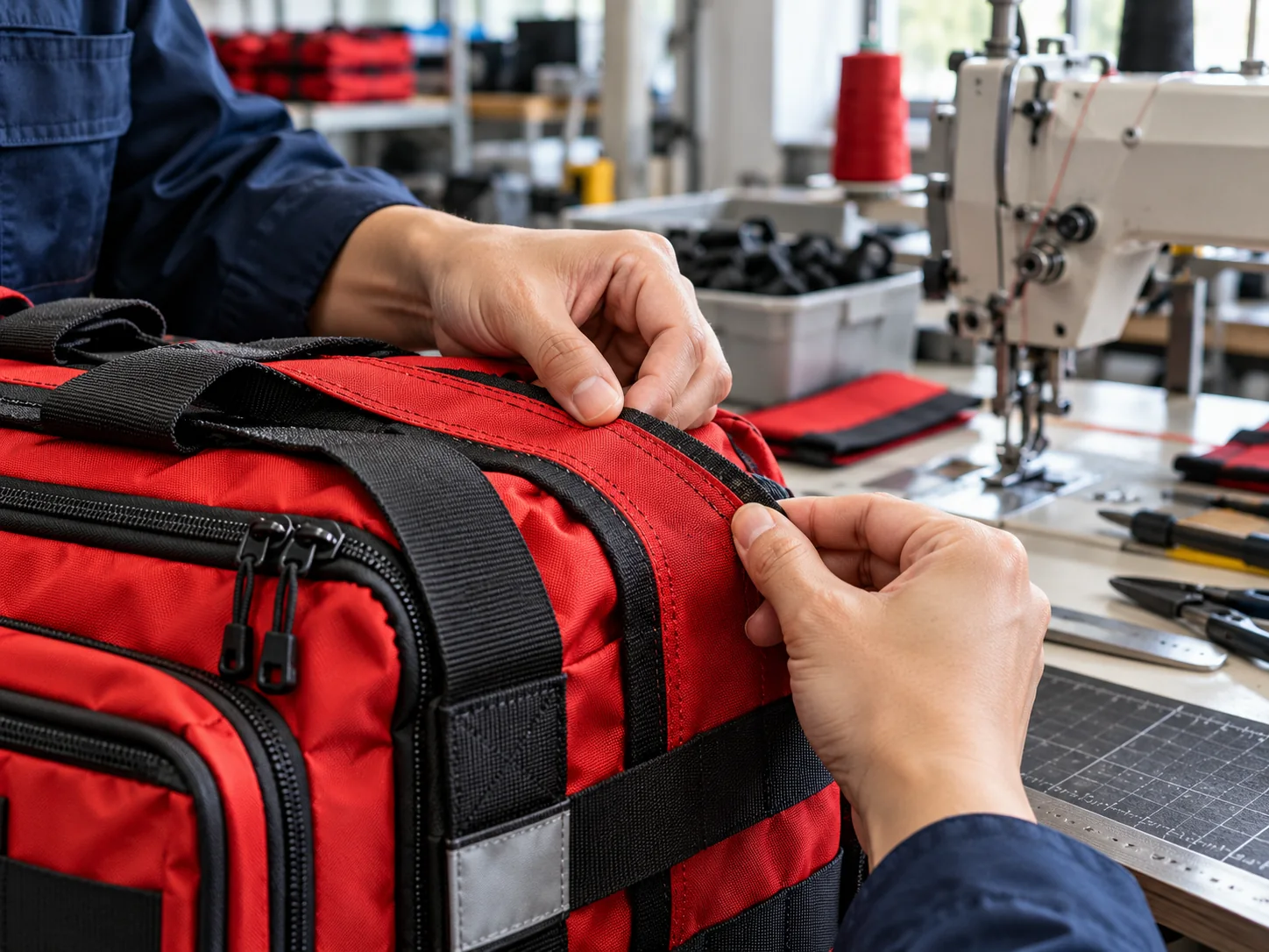 Hands inspecting stitching and construction on a red emergency bag