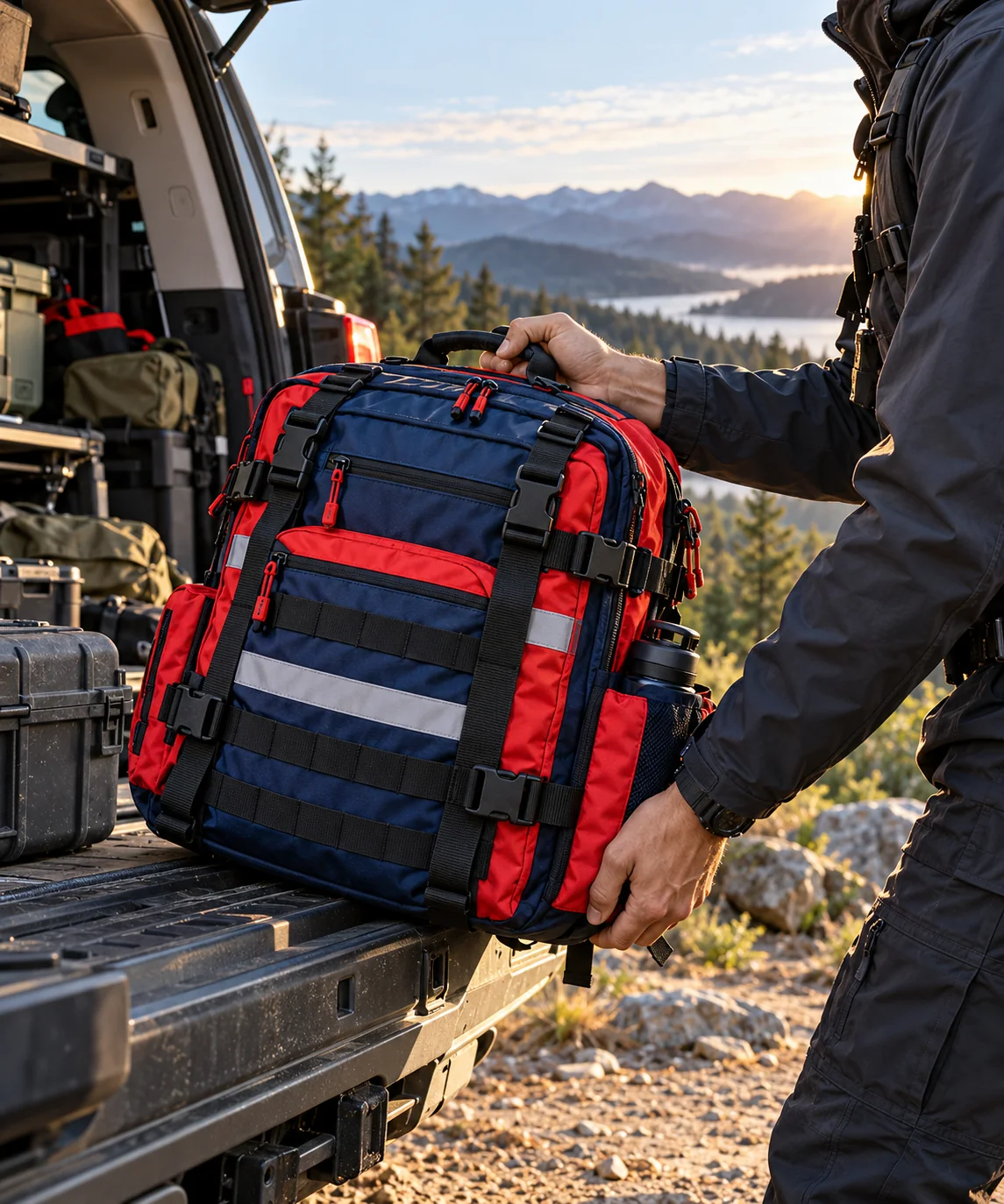 Durable emergency backpack being prepared beside an outdoor trail vehicle