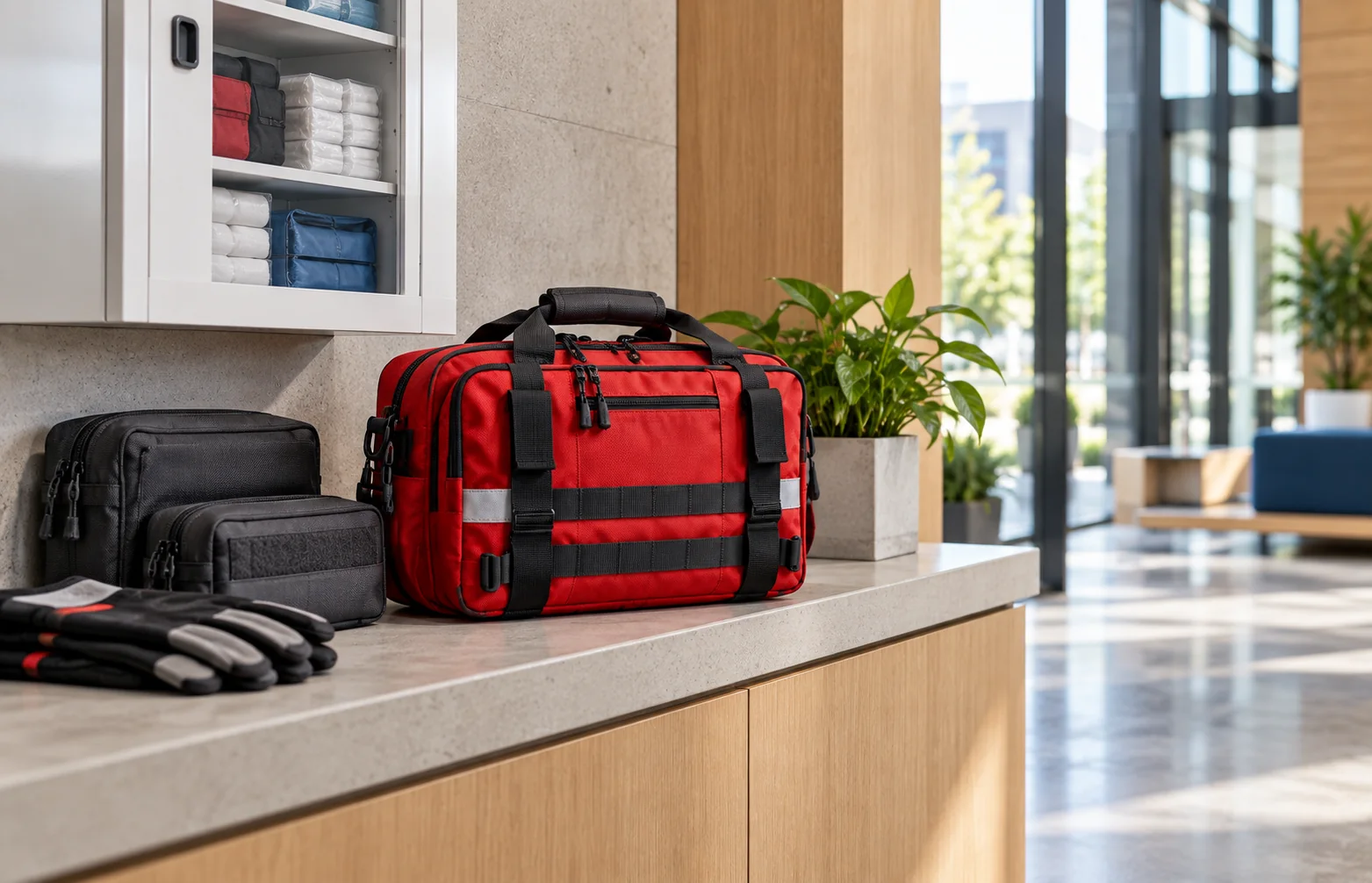 Emergency response bag prepared in a modern workplace safety station